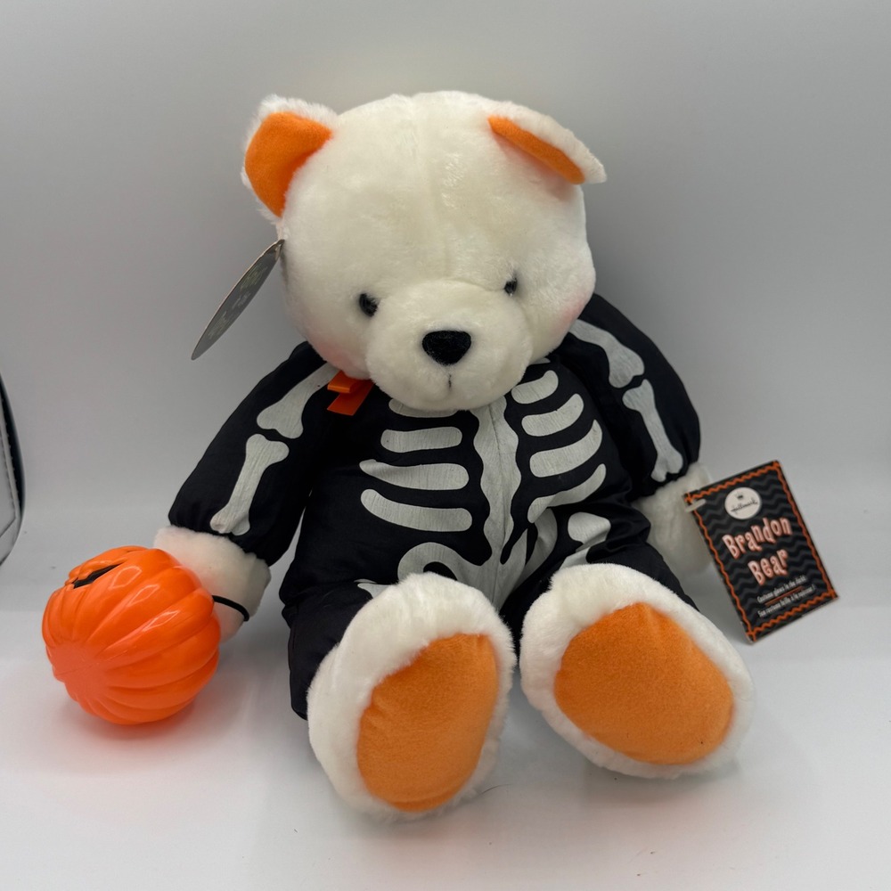 Hallmark Brandon Bear Halloween Skeleton Glow in the Dark Plush White Orange